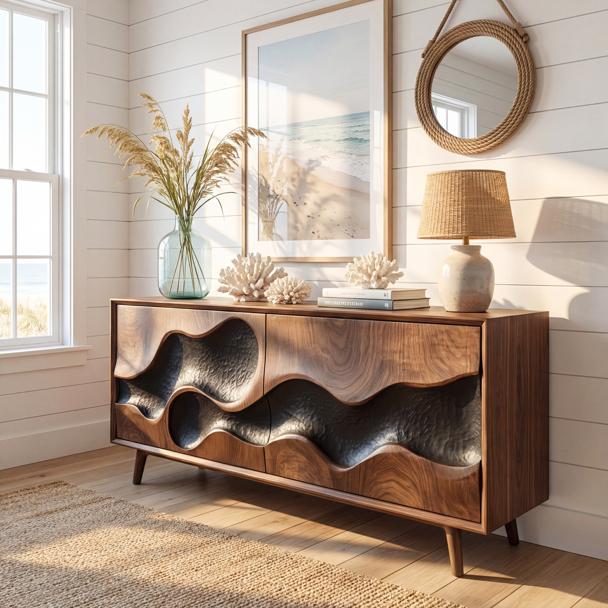 Sculpted Hollow Wave Front Wood Sideboard Cabinet for Living Room or Dining Room