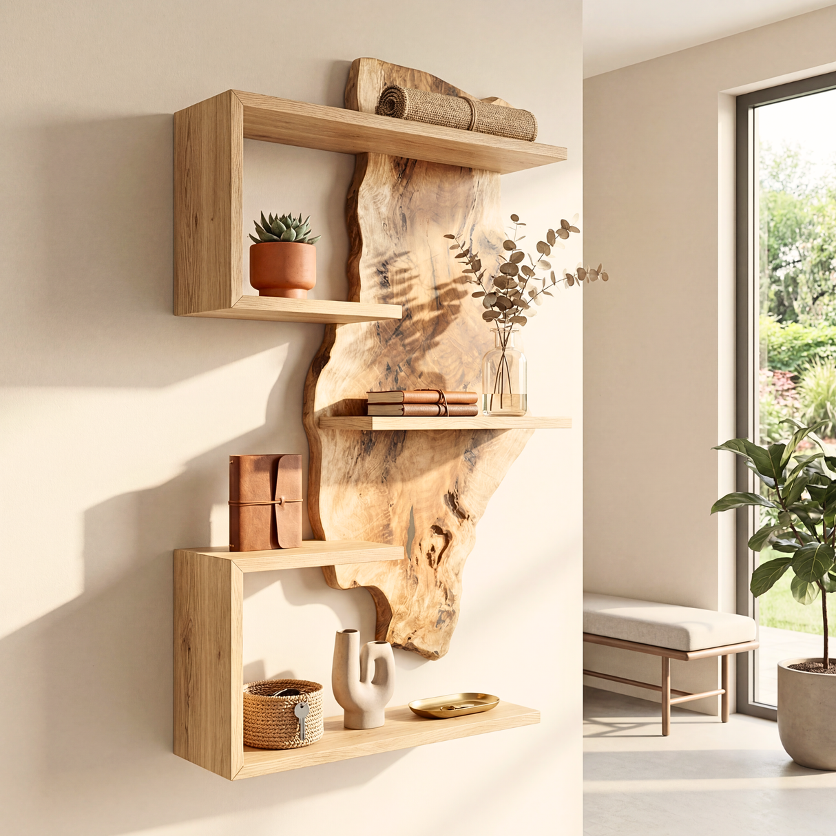 Solid Wood Live Edge Wall Shelf Sculptural Frame Multi Tier Display for Living Room