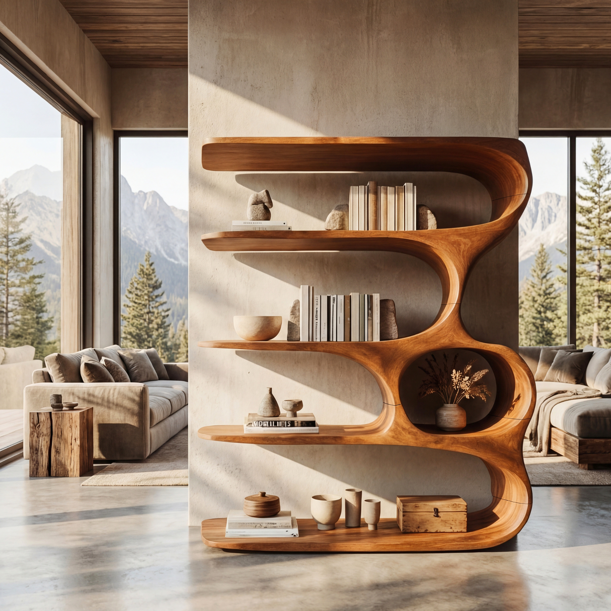 Ribbon Curve Wood Bookcase with Long Floating Display Shelves