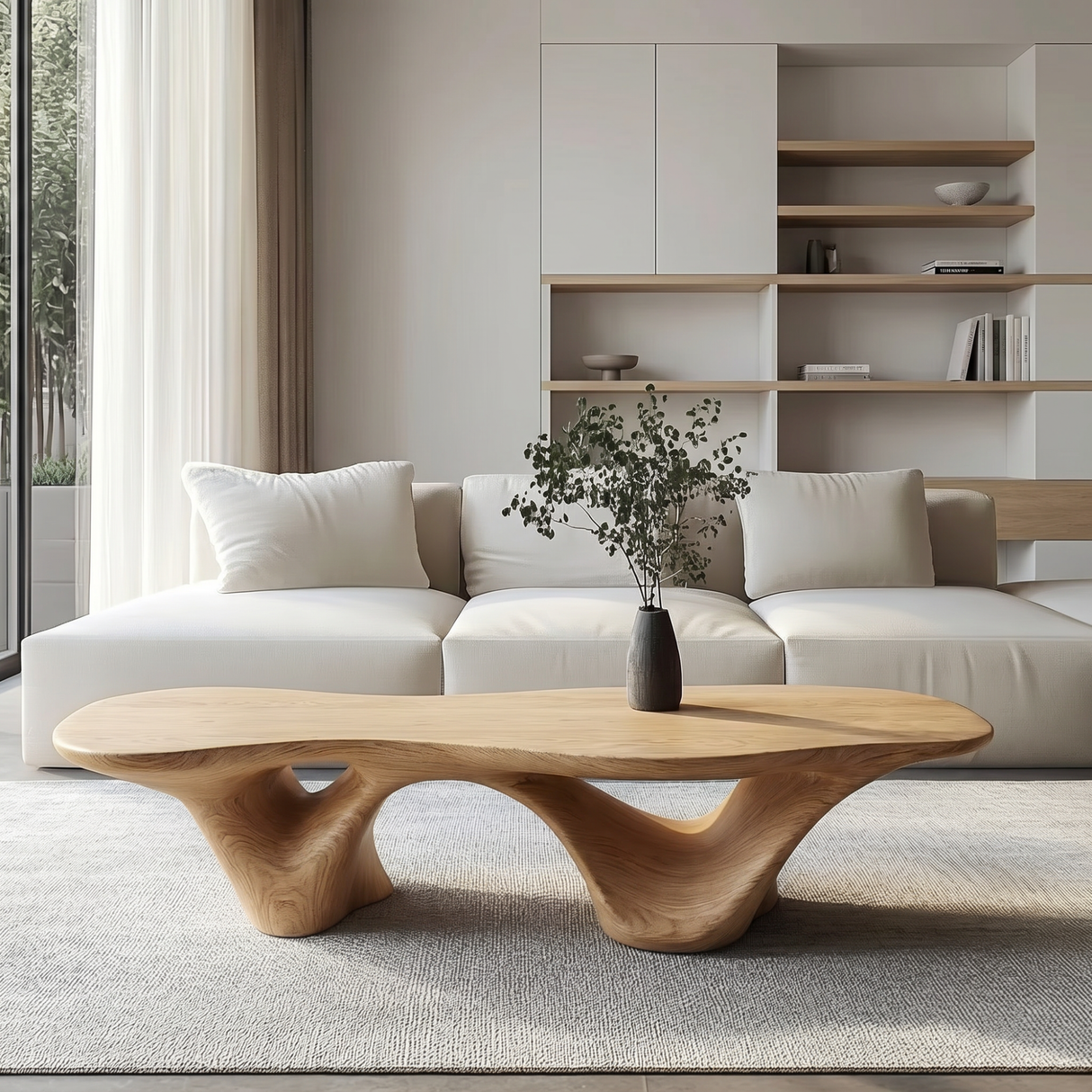 Coffee Table Solid Wood with Triple Hollow Sculptural Base for Living Room