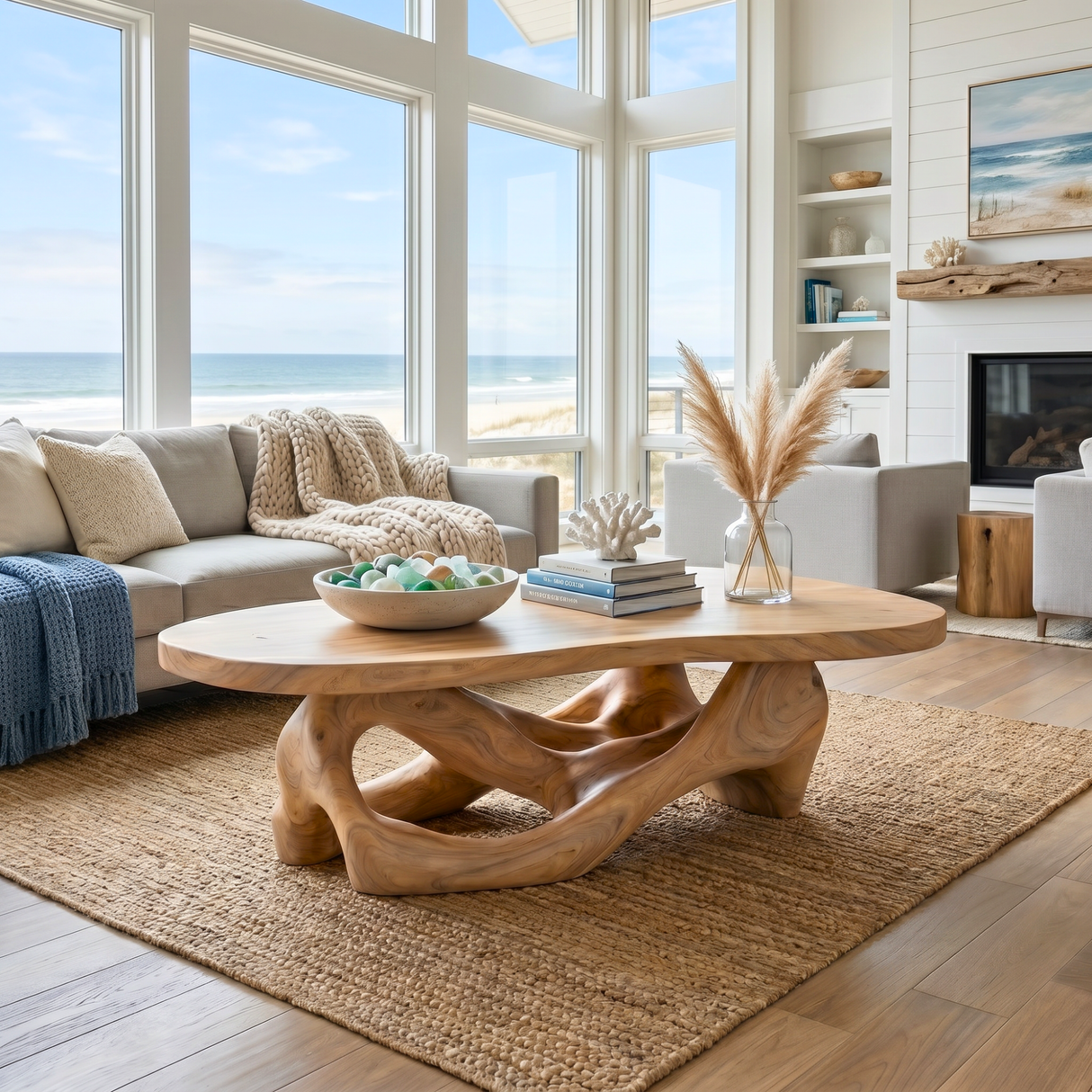 Sculptural Solid Wood Coffee Table with Fluid Openwork Base