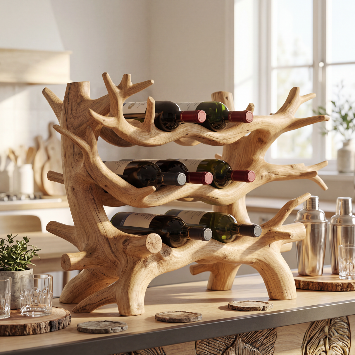 Organic Branch Style Solid Wood Wine Rack Sculptural Bottle Holder Multi Level Display