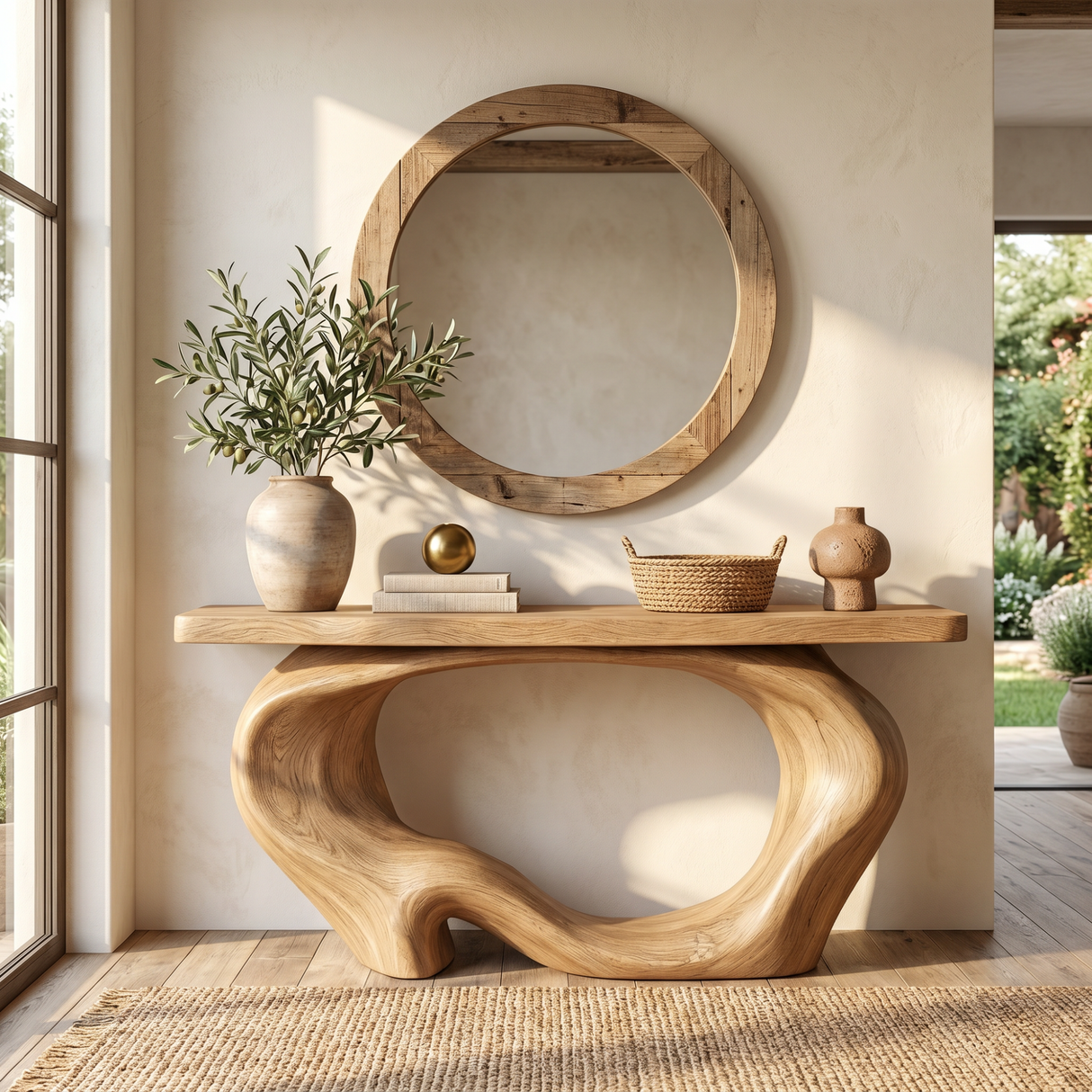Console Table Solid Wood with Organic Hollow Loop Base for Entryway Decor