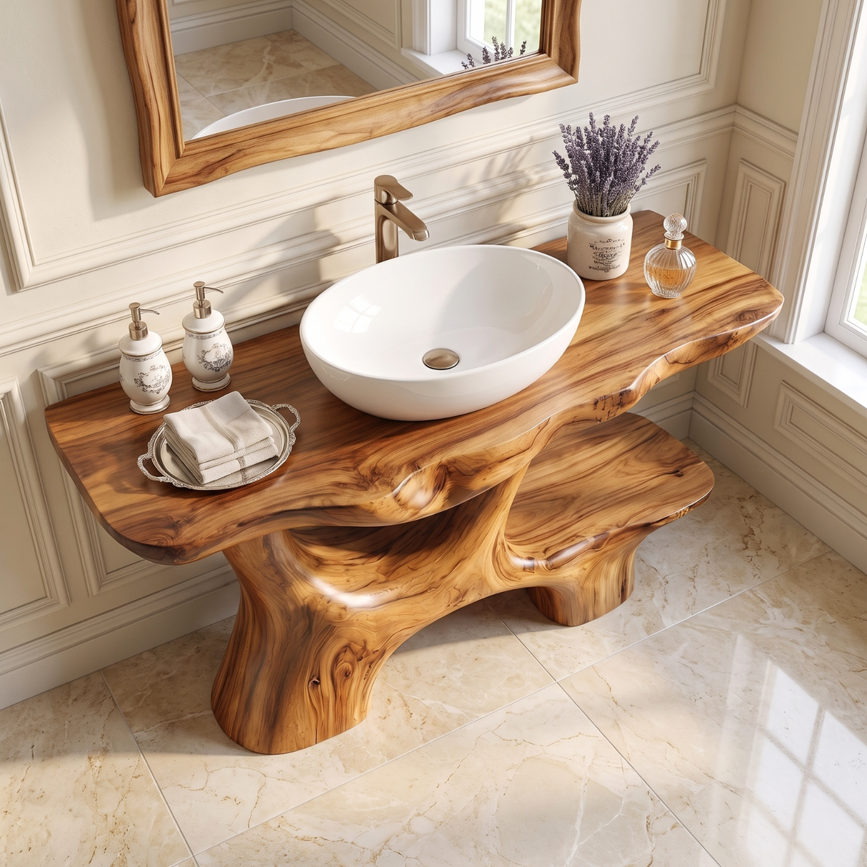 Bathroom Vanity Solid Wood with Open Arch Base and Side Shelf for Cabin Bathroom