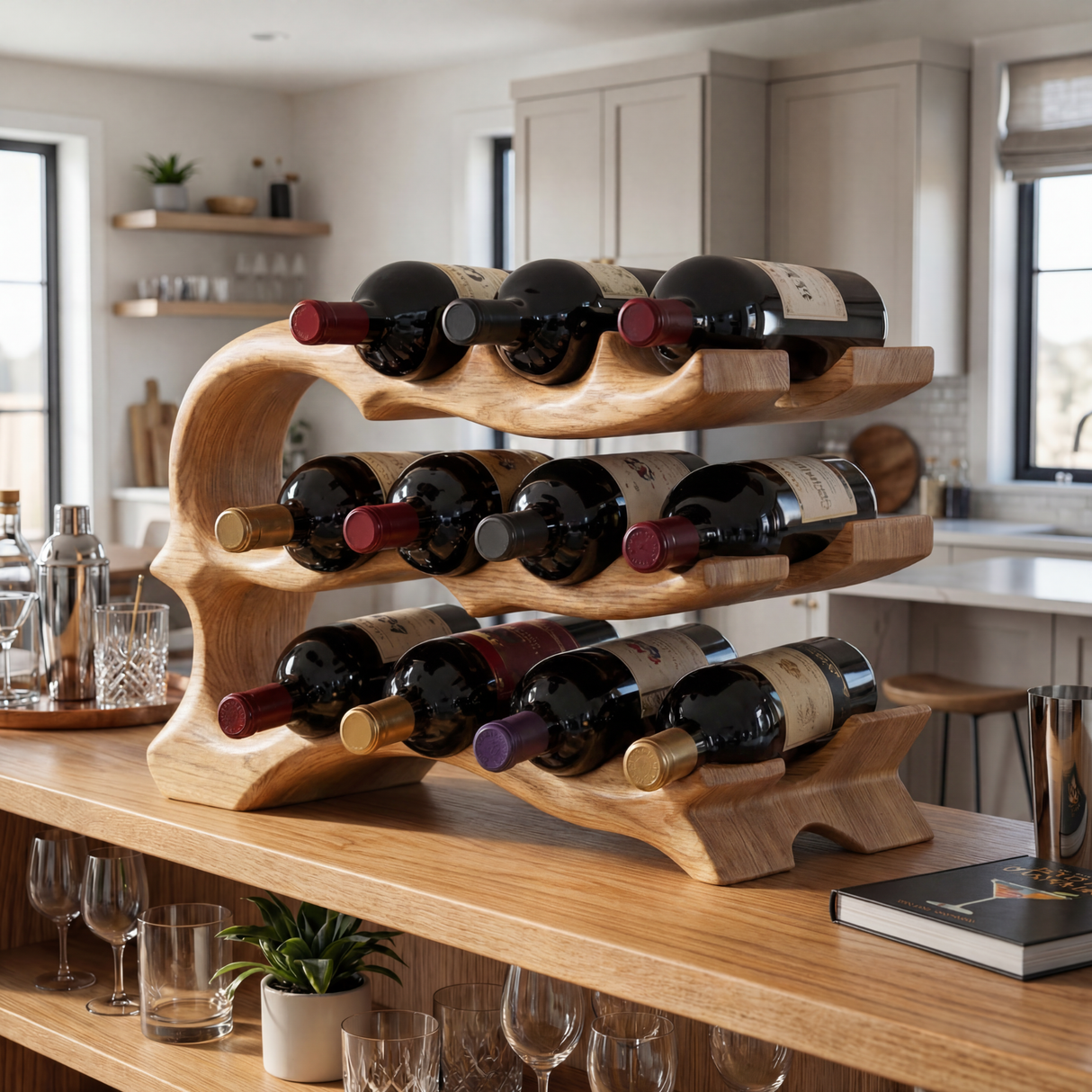 Solid Wood Wine Rack Sculptural Open Frame Bottle Holder Multi Tier Bar Display