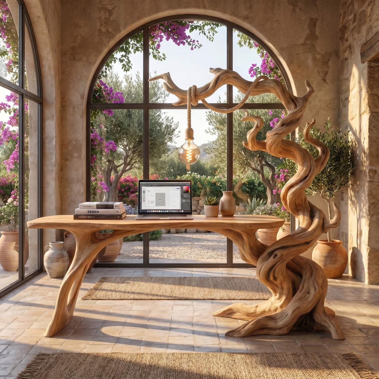 Twisted Tree Wood Desk With Hanging Lamp Organic Sculptural Office Table