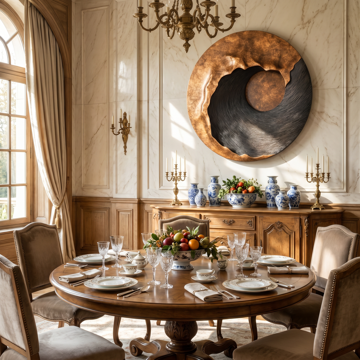 Large Round Solid Wood Wall Sculpture with Black Flow Relief and Warm Grain Halo