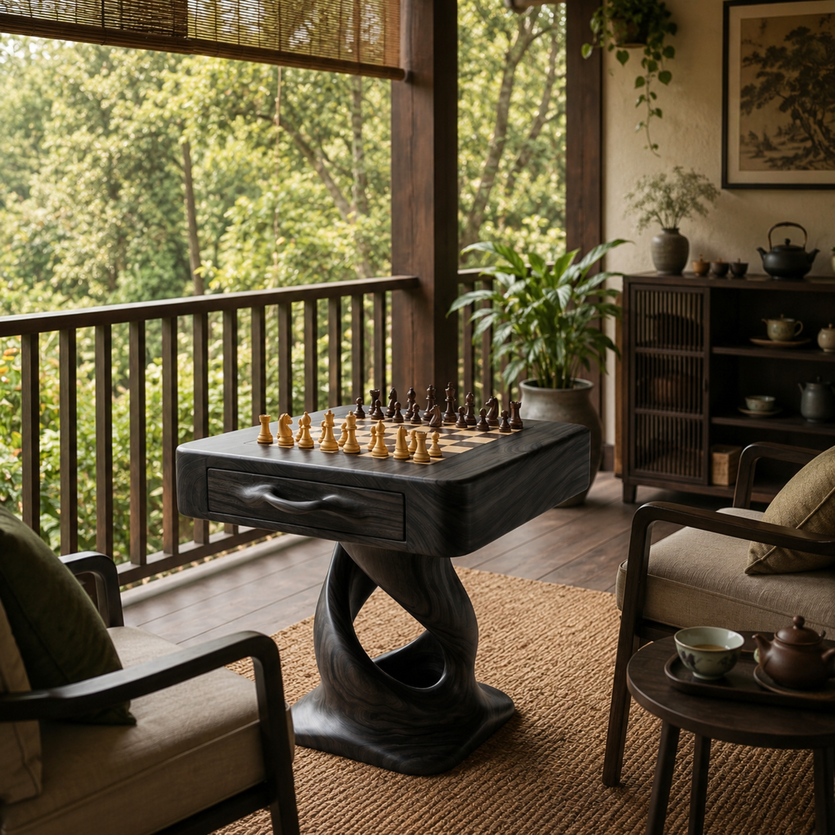 Handcrafted Solid Wood Chess Table with Storage Drawer and Sculptural Pedestal Base