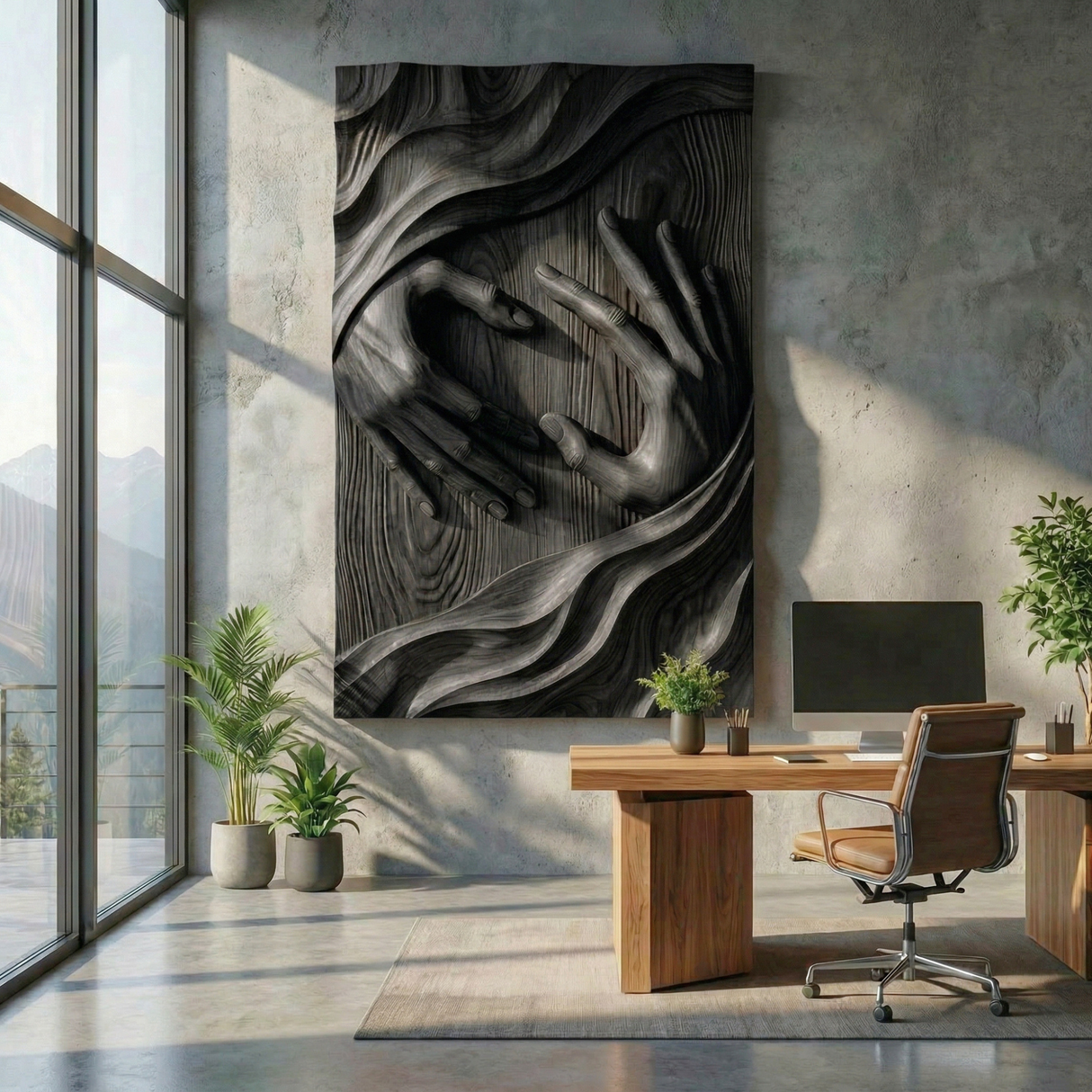 Handcrafted Solid Wood Wall Sculpture with Connected Hands and Flowing Grain Landscape