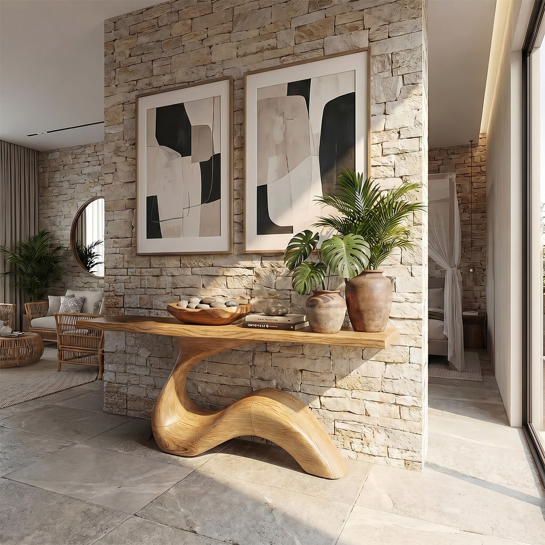 Handcrafted Solid Wood Wave Console Table with Sculpted Base
