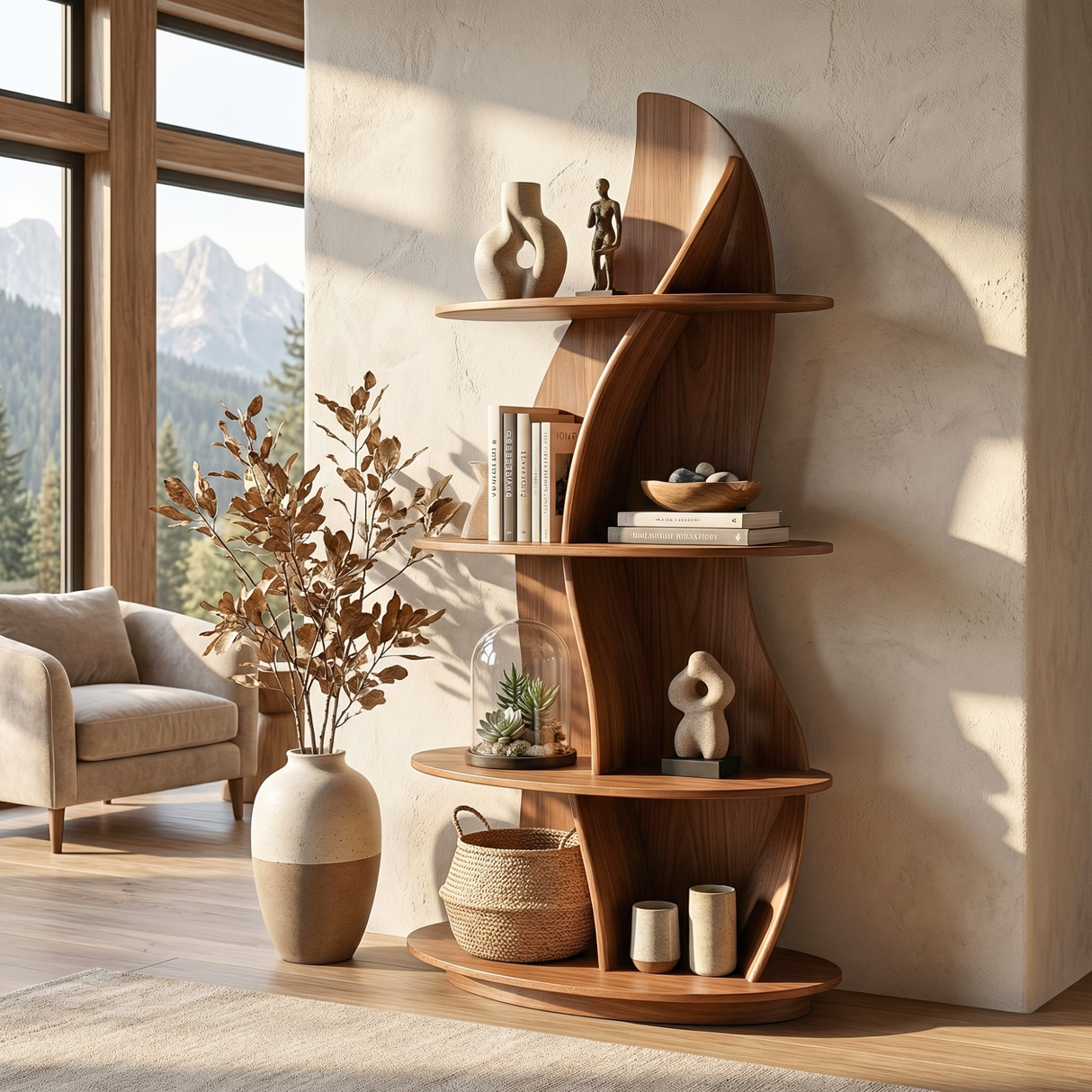Handcrafted Solid Wood Sculptural Corner Bookcase with Curved Tiered Shelves