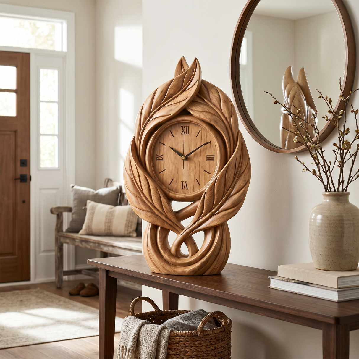 Solid Wood Table Clock with Leaf-Inspired Sculptural Frame