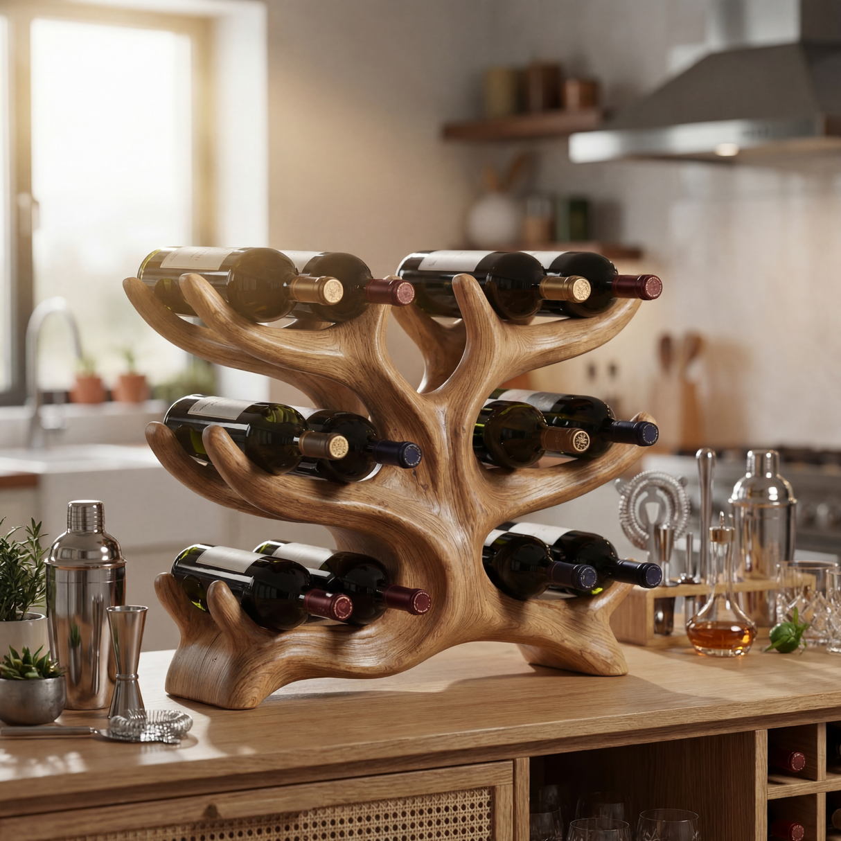 Tree Form Solid Wood Wine Rack Sculptural Multi Level Bottle Holder for Tabletop Storage