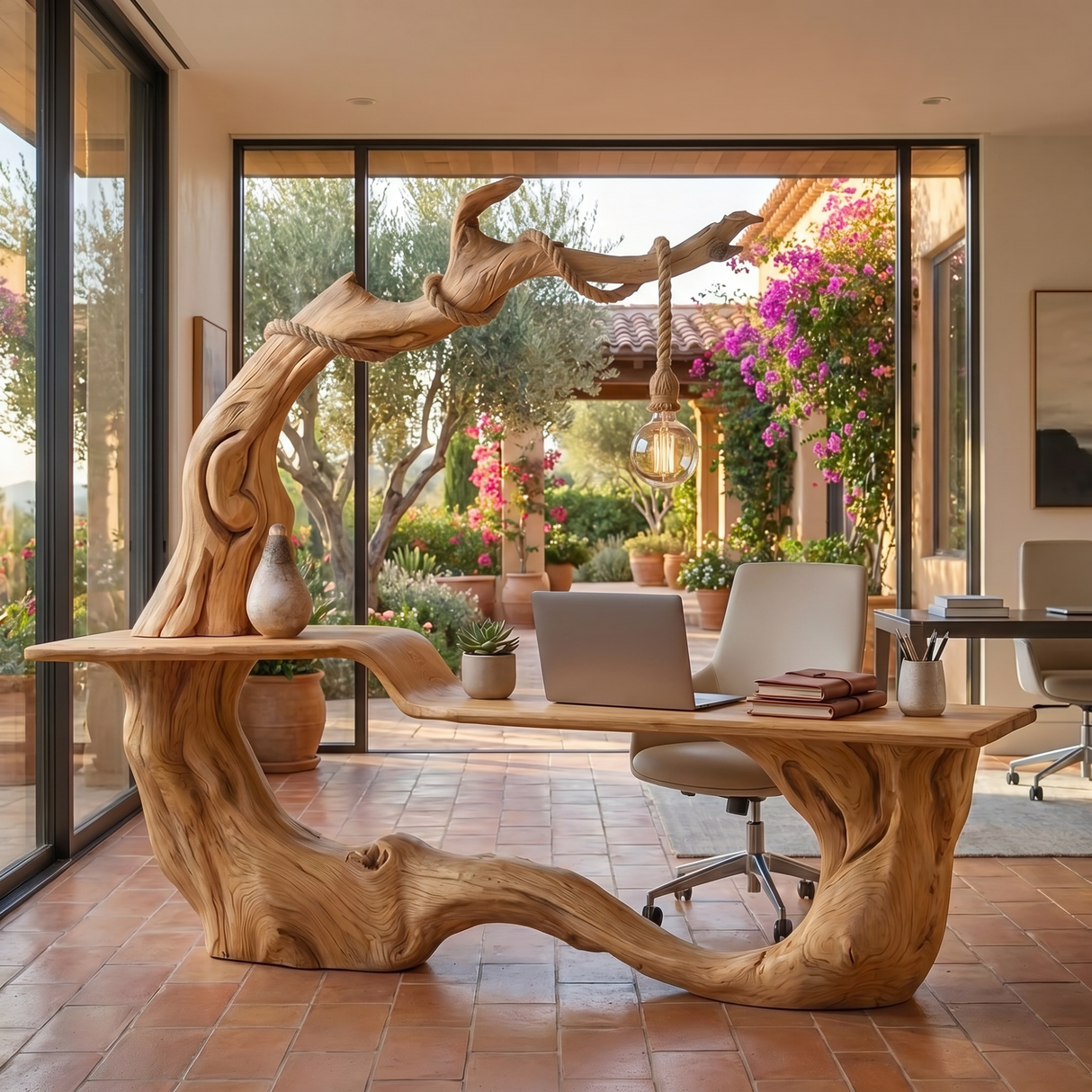 Handmade Organic Solid Wood Desk With Hanging Lamp Sculptural Modern Workspace Table