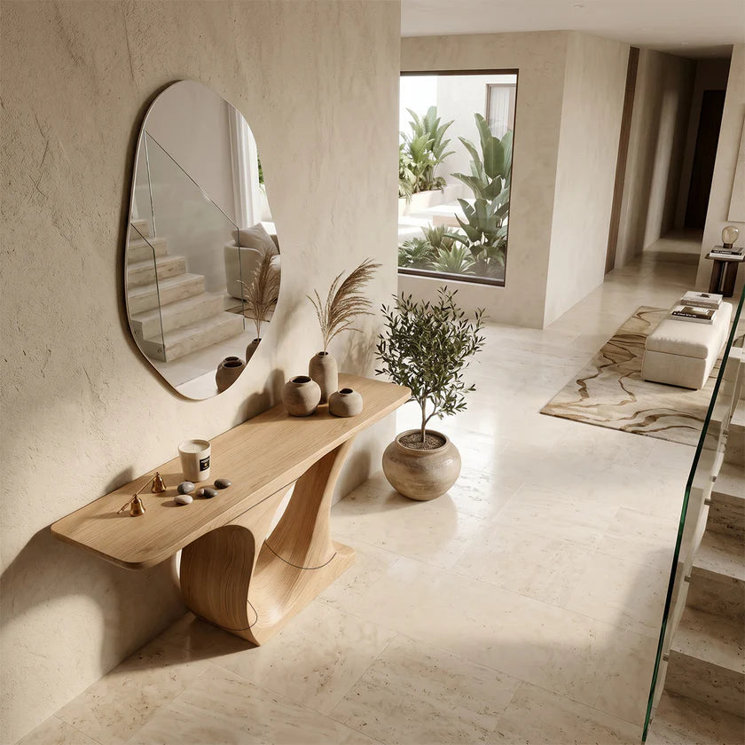 Organic Curve Solid Wood Console Table with Sculpted Pedestal Base
