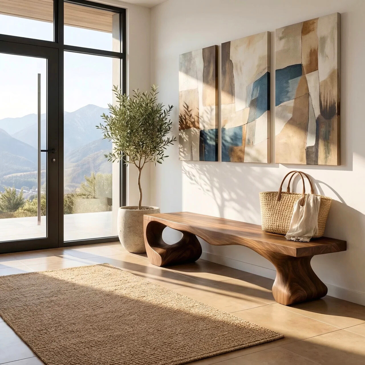 Organic Solid Wood Entryway Bench with Sculptural Open Base for Modern Mediterranean Interiors