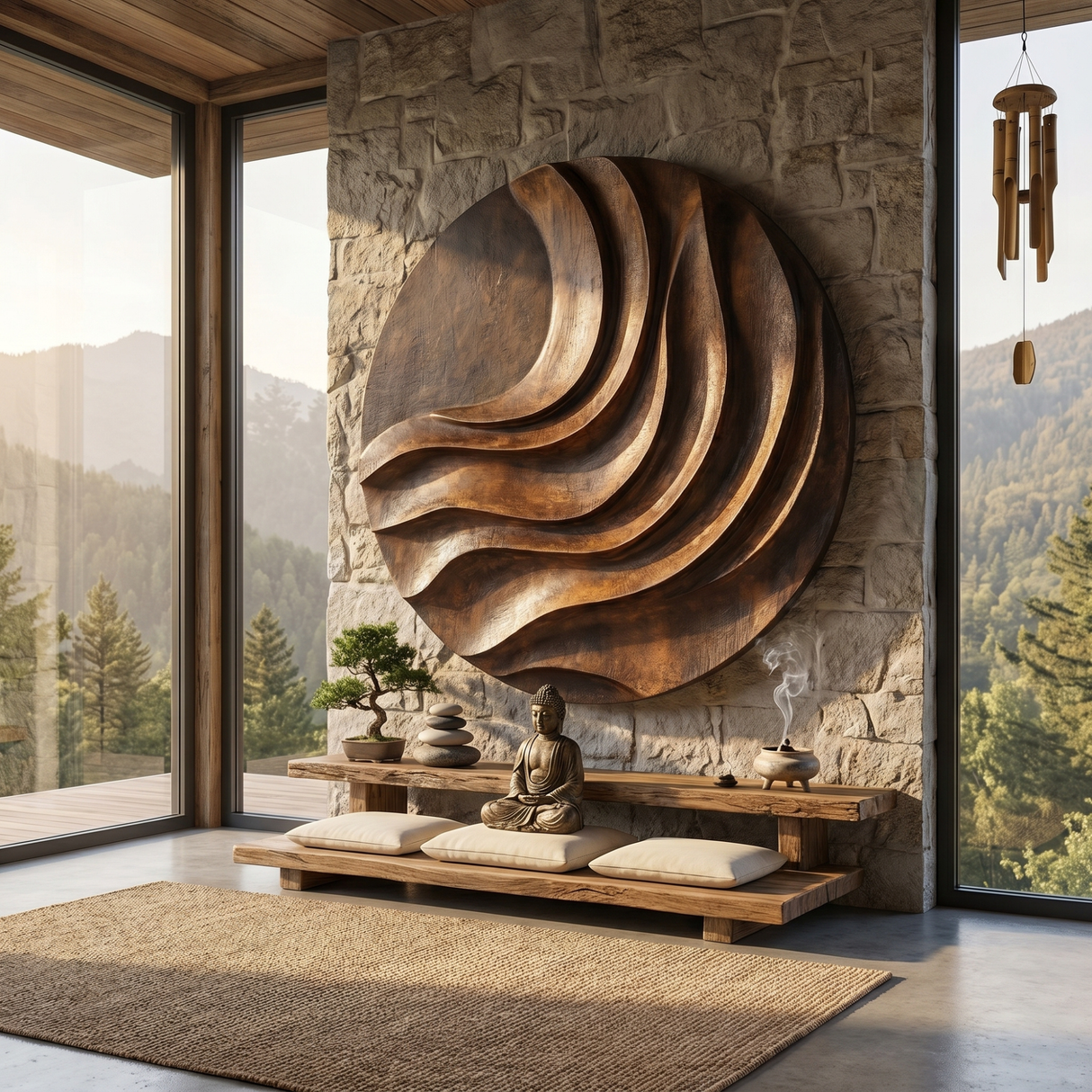 Handcrafted Solid Wood Wall Sculpture with Layered Curved Relief and Round Statement Form