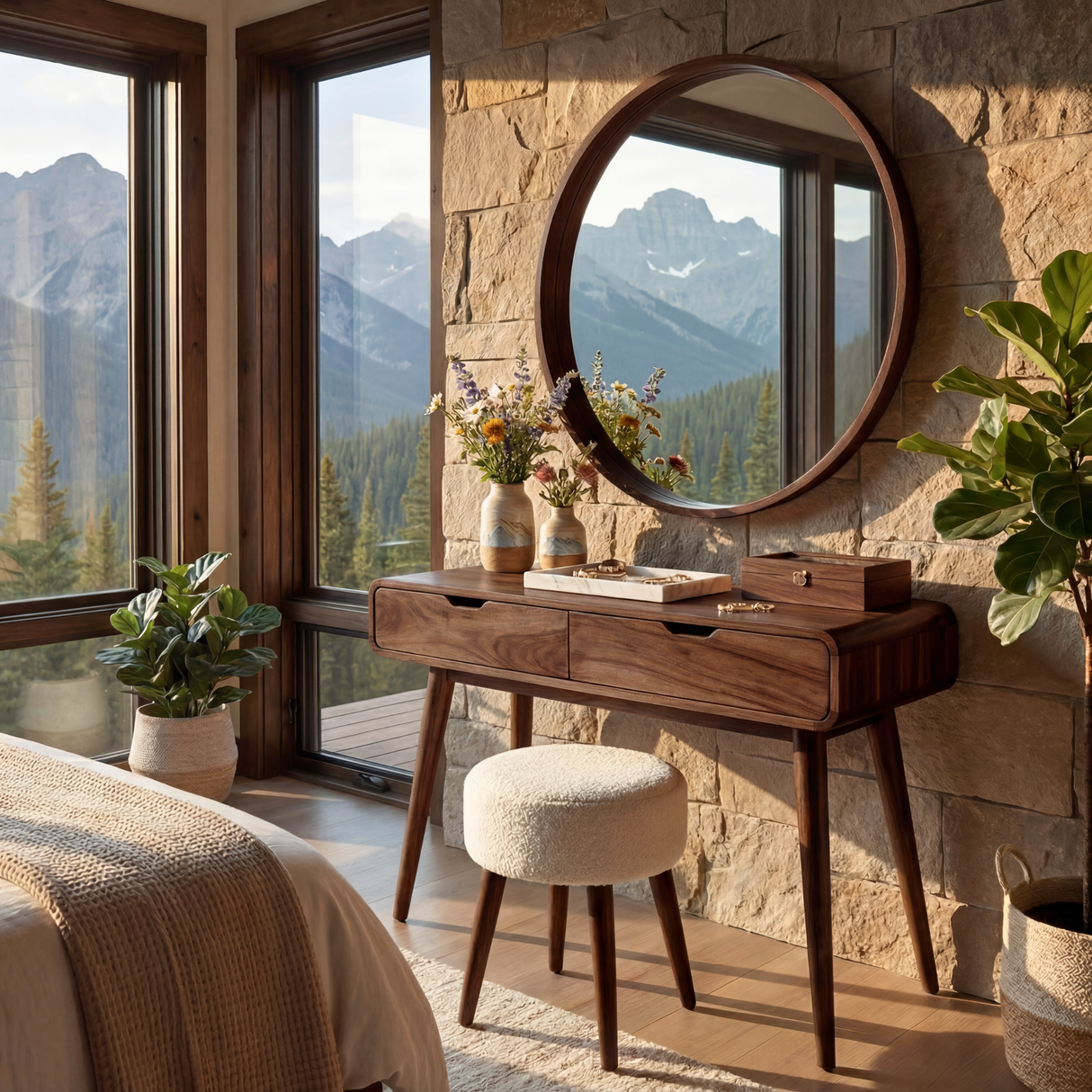 Rounded Wood Vanity Table with Two Drawers, Minimalist Dressing Table for Modern Bedrooms