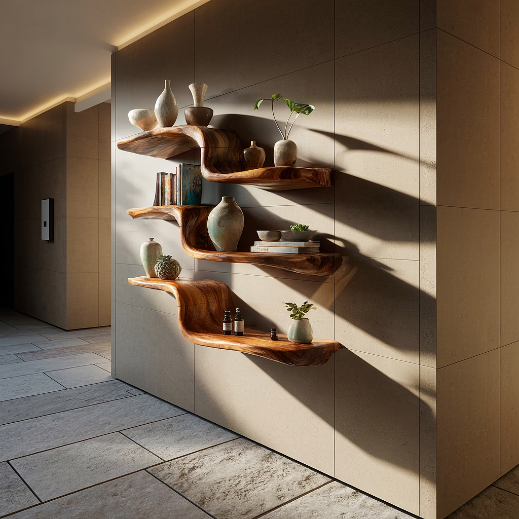 Handcrafted Solid Wood Wave Wall Shelf for Modern Interiors