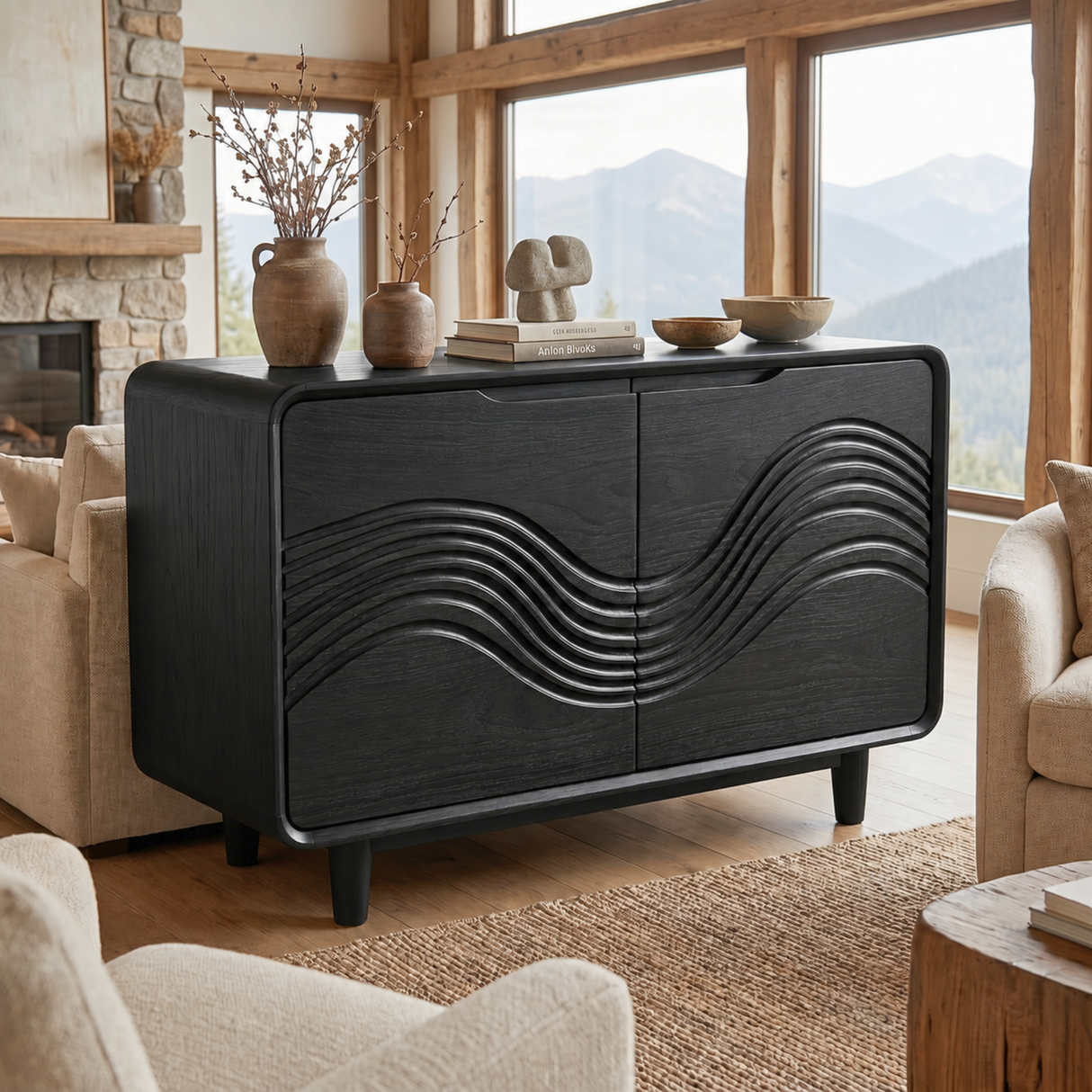 Solid Wood Two Door Sideboard with Wave Relief FrontSolid Wood Two Door Sideboard with Wave Relief Front