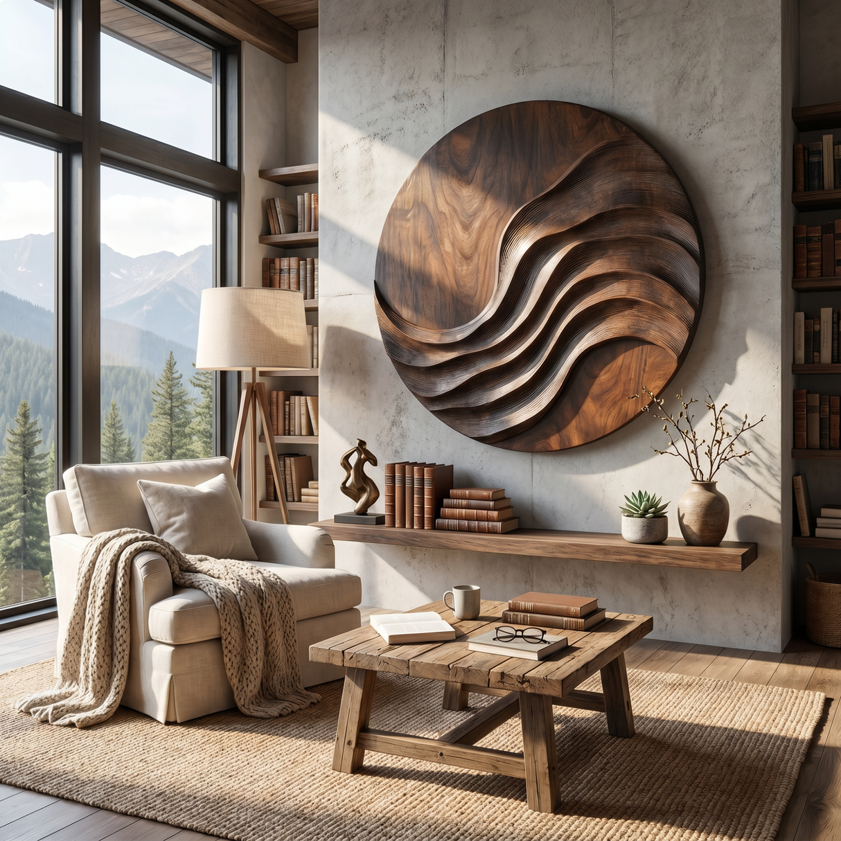 Large Handcrafted Wood Wall Sculpture with Layered Ribbon Relief for Living Room