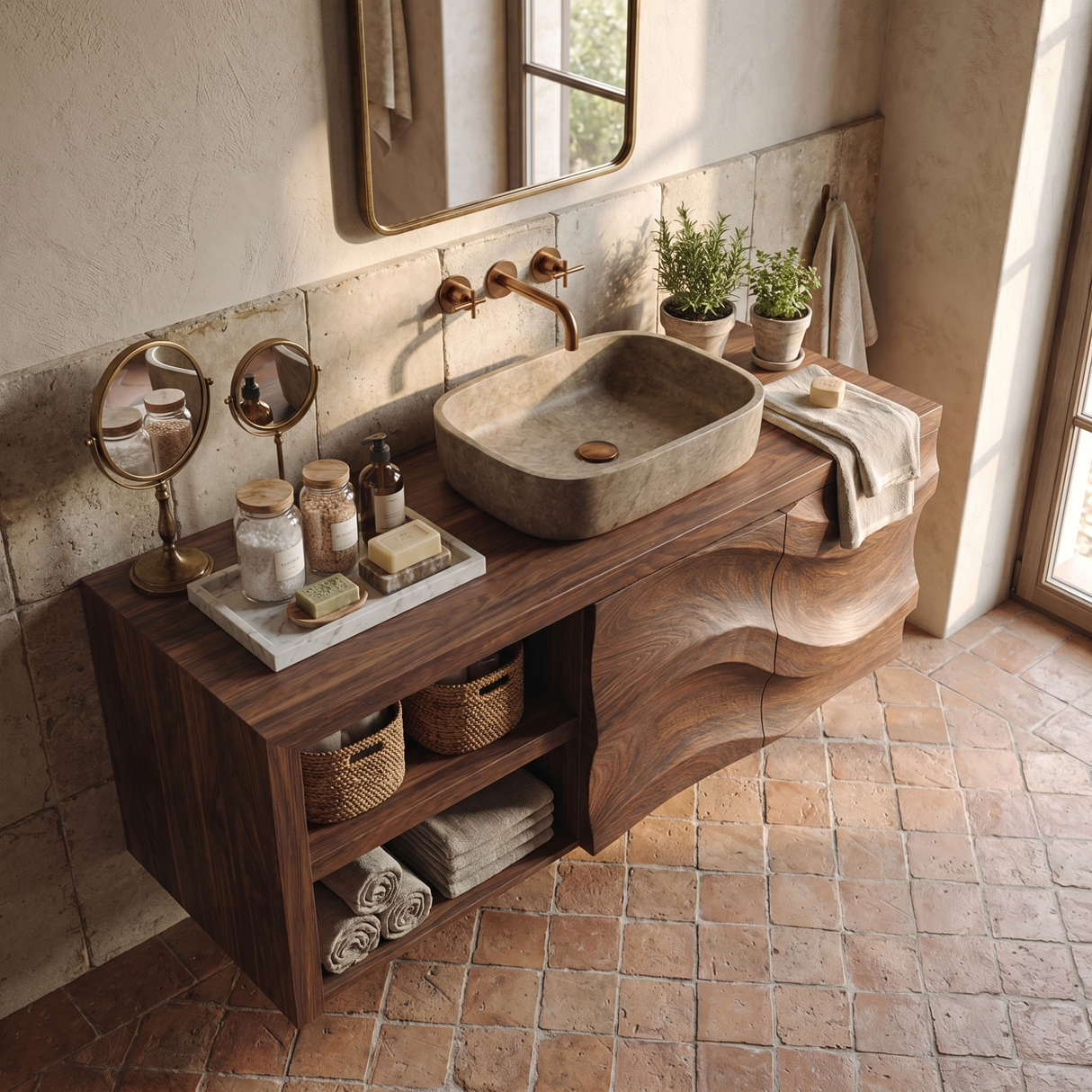 Sculptural Solid Wood Bathroom Vanity Cabinet with Flowing Carved Front