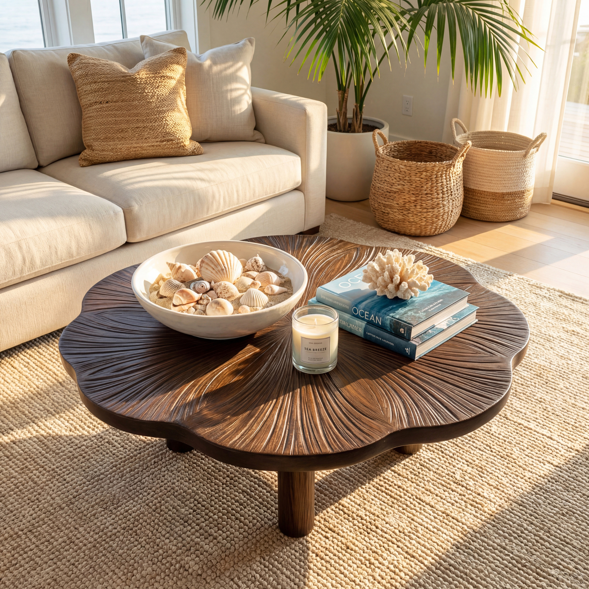 Sculptural Round Coffee Table with Carved Texture Top