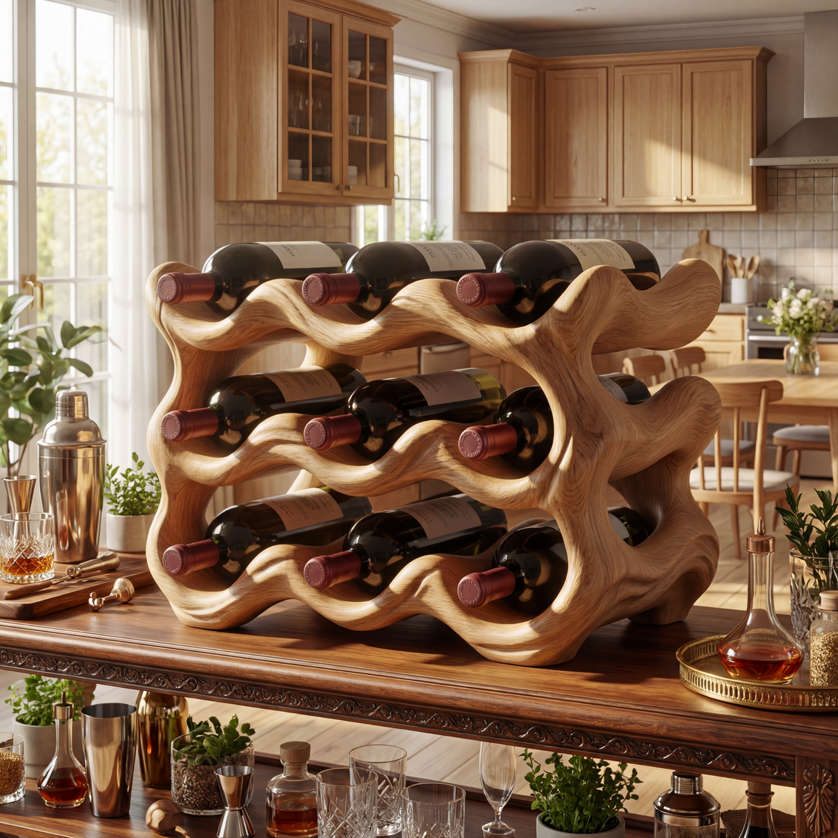 Modern Sculptural Solid Wood Wine Rack Wave Carved Multi Level Bottle Holder for Countertop