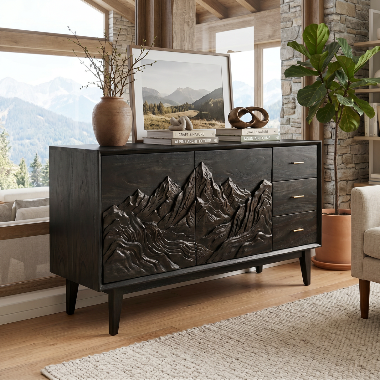 Handcrafted Solid Wood Mountain Carved Sideboard with Drawers and Cabinet Storage