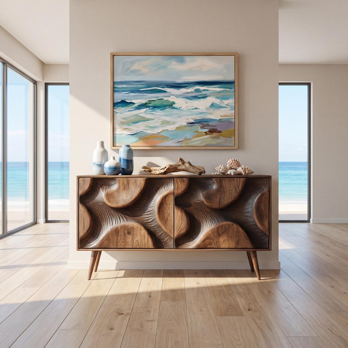 Sculpted Relief Solid Wood Sideboard Cabinet for Living and Dining