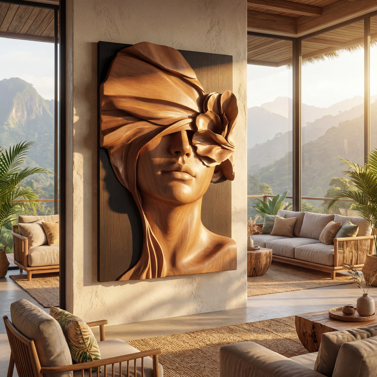 Soft Veil Bloom Wooden Relief Portrait Sculpture Wall Art