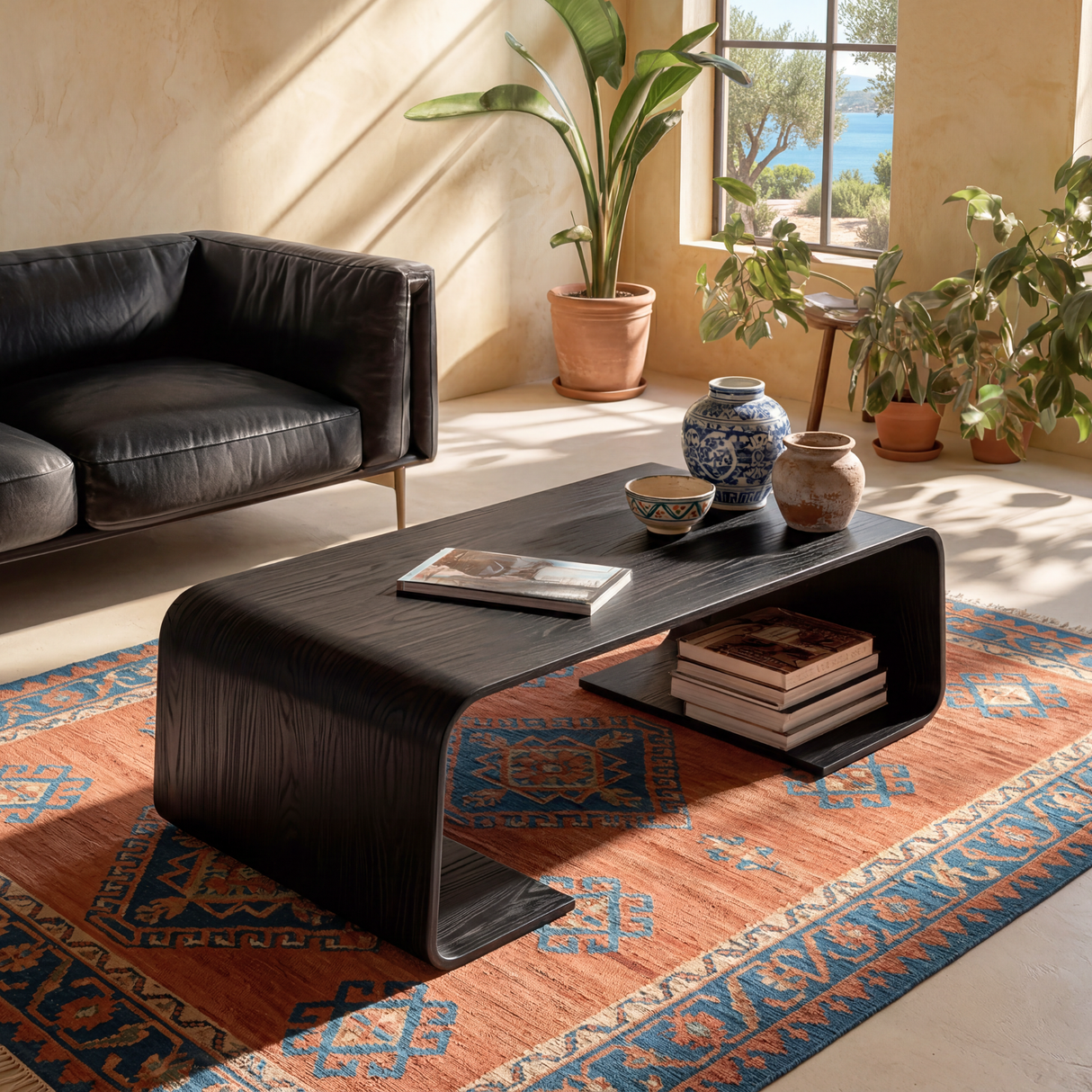 Solid Wood Coffee Table with Waterfall Form and Open Shelf