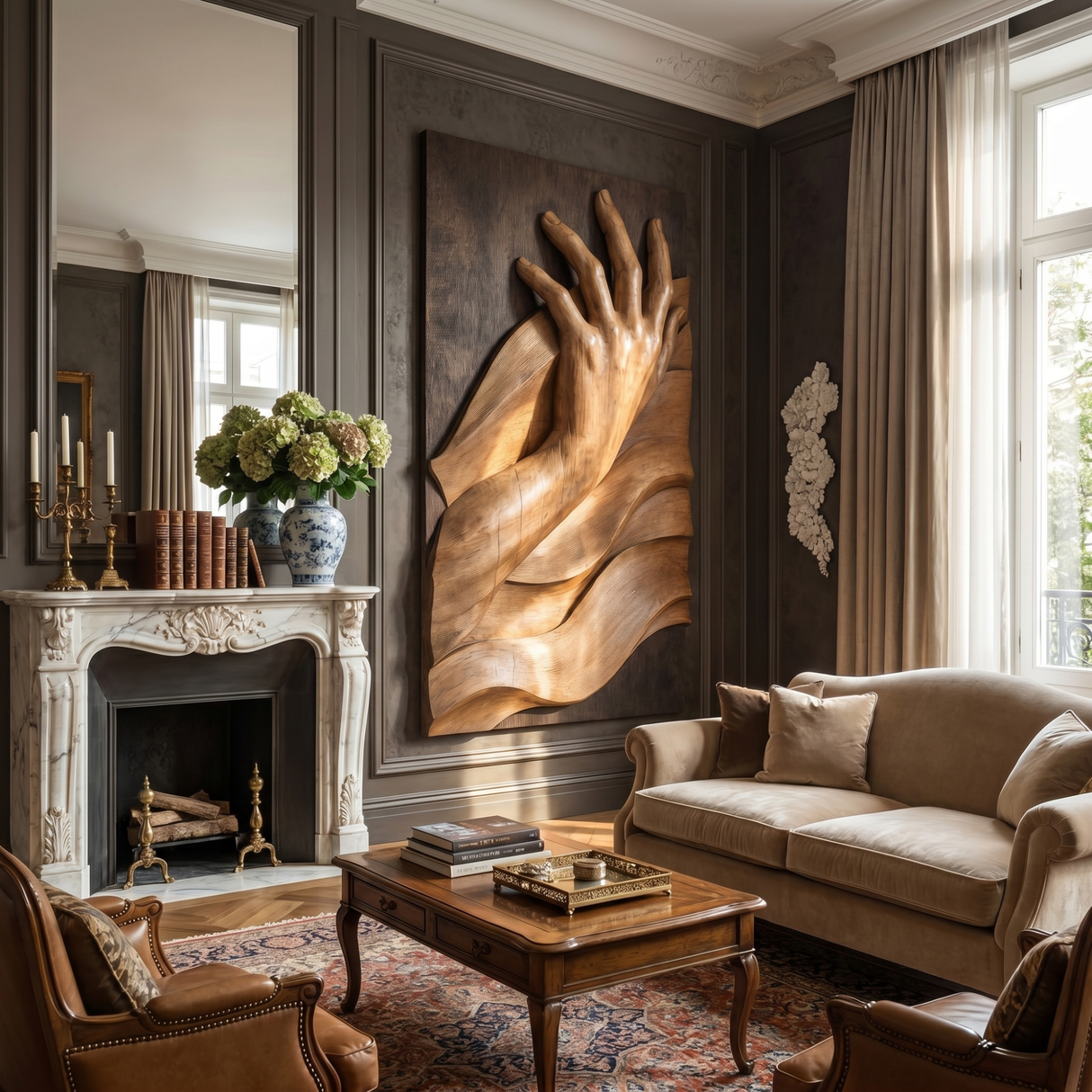 Hand-Carved Solid Wood Wall Sculpture with Reaching Hand Relief and Flowing Wave Form
