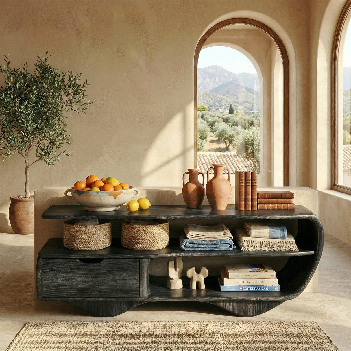 Sculptural Solid Wood Sideboard with Open Shelving and Drawer