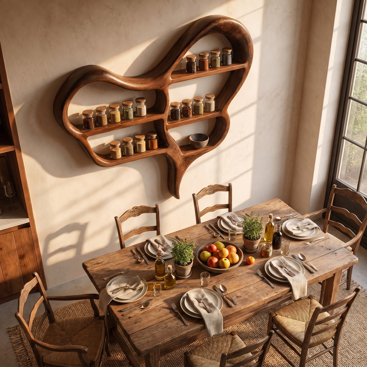 Organic Solid Wood Wall Spice Rack with Sculptural Open Shelf Design