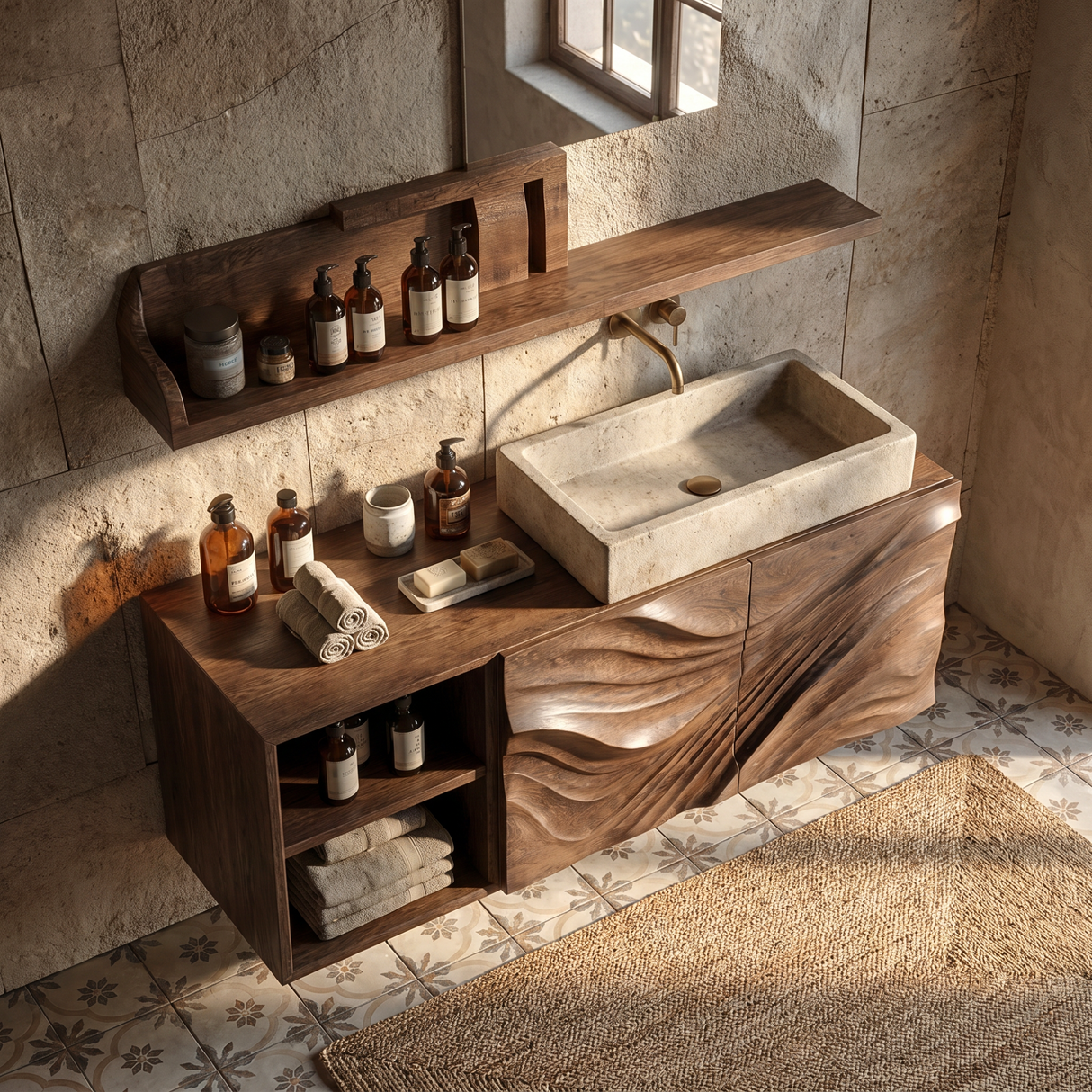Flow Carved Solid Wood Floating Vanity Cabinet with Organic Wave Texture
