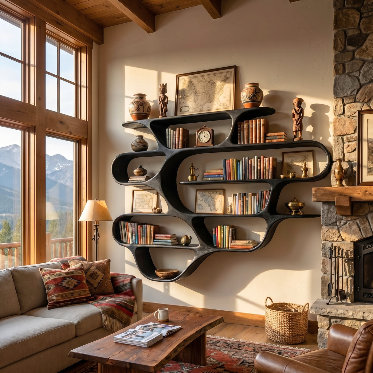 Large Organic Solid Wood Wall Bookshelf with Wave Shelf Compartments