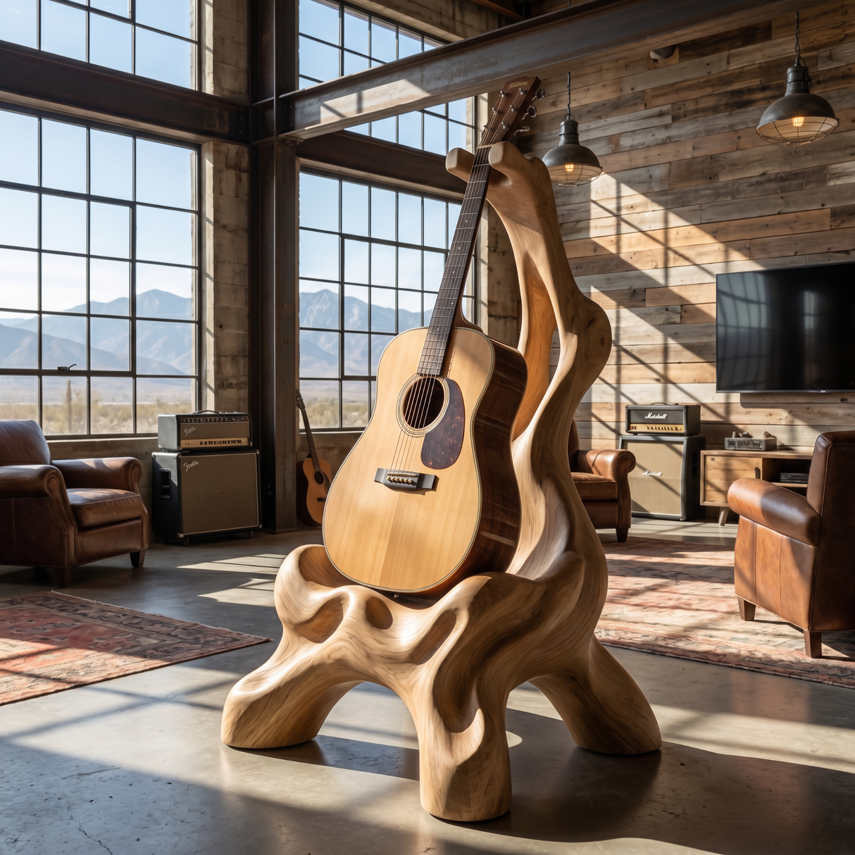 Organic Sculptural Guitar Stand Handmade Wooden Guitar Holder