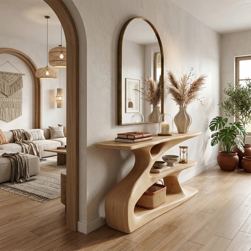 Sculptural Solid Wood Console with Integrated Shelf