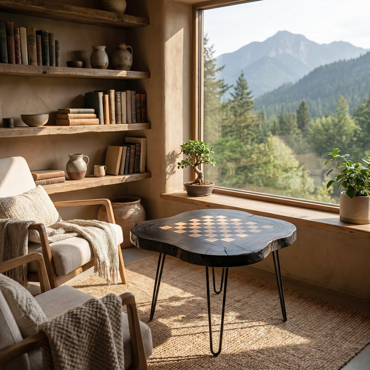 Handcrafted Solid Wood Chess Coffee Table with Organic Freeform Top and Hairpin Legs