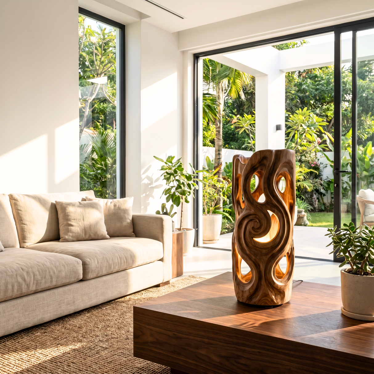 Carved Swirl Wood Table Lamp with Organic Cutouts