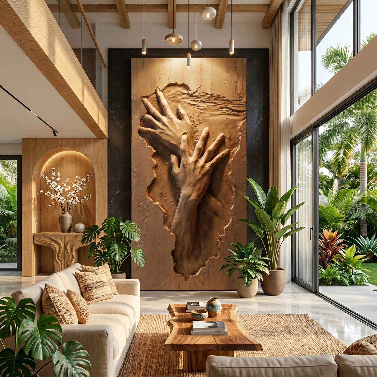 Wall Art Solid Wood Abstract Hand Sculpture for Living Room Decor