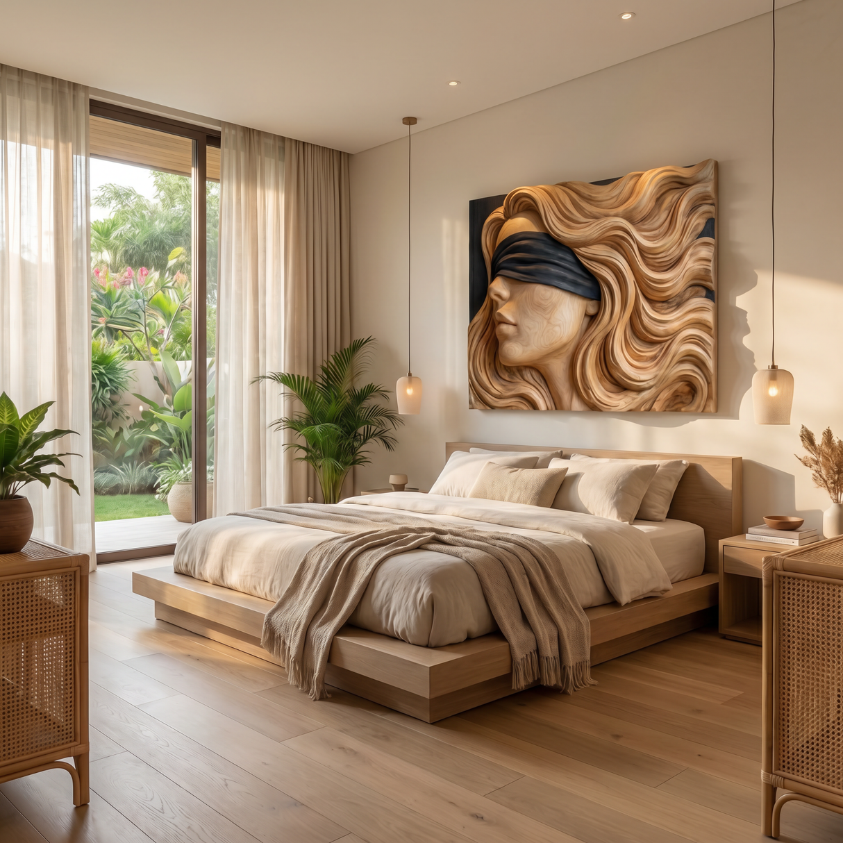 Handmade Wooden Blindfold Woman Wall Sculpture Artwork