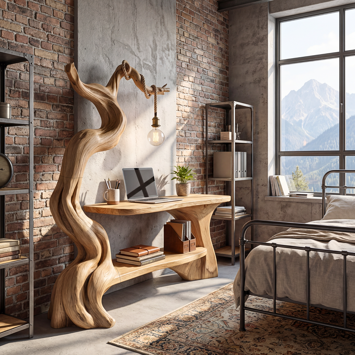 Sculptural Solid Wood Desk with Integrated Hanging Lamp and Shelf, Artistic Reading Nook Furniture