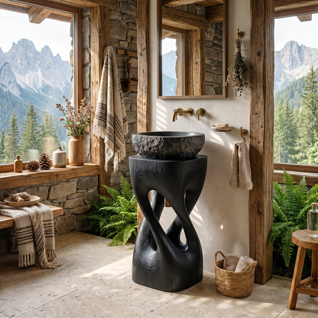 Sculptural Twisted Wood Pedestal Vanity with Organic Open Form