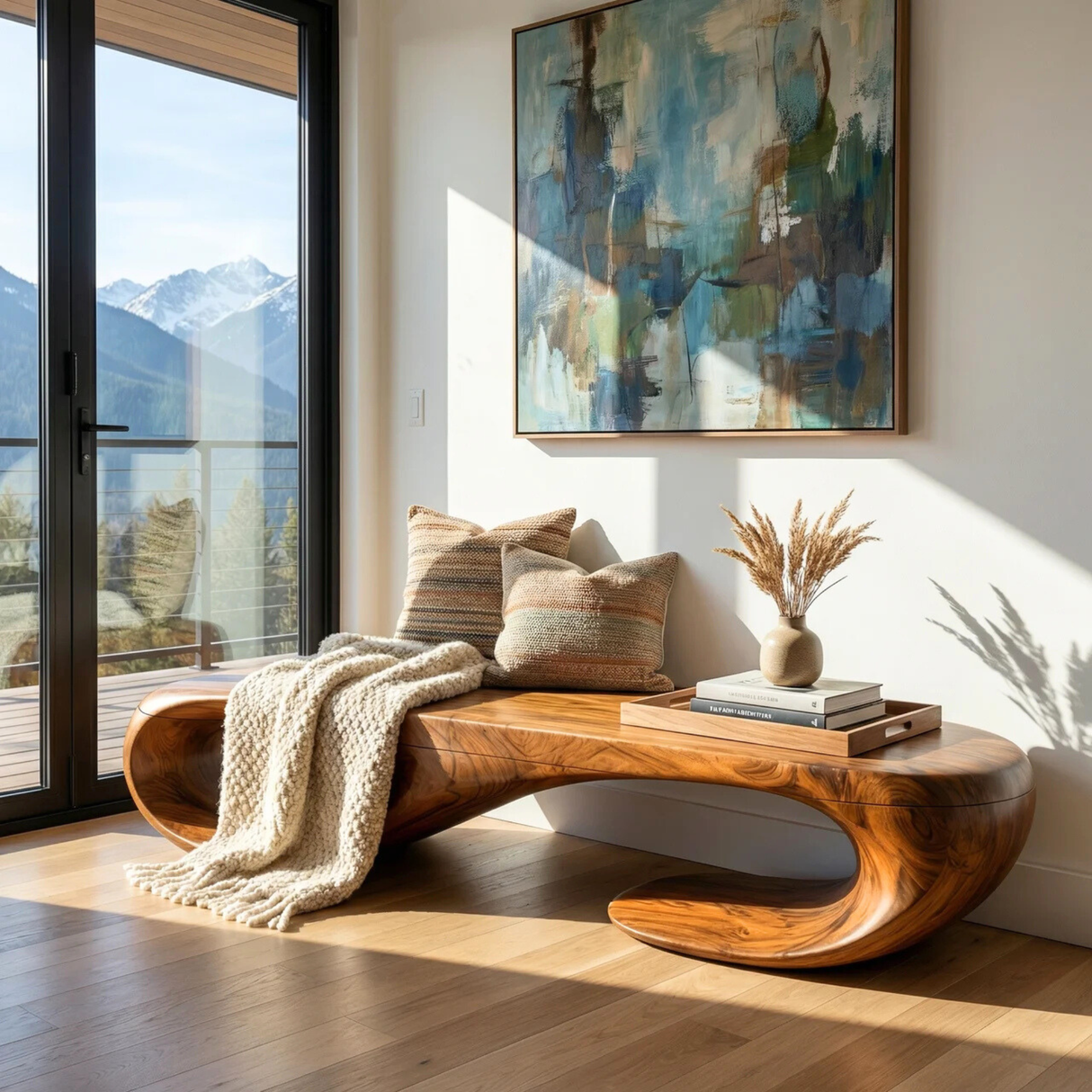 Organic Solid Wood Bench with Sculptural Double Loop Base for Modern Interiors