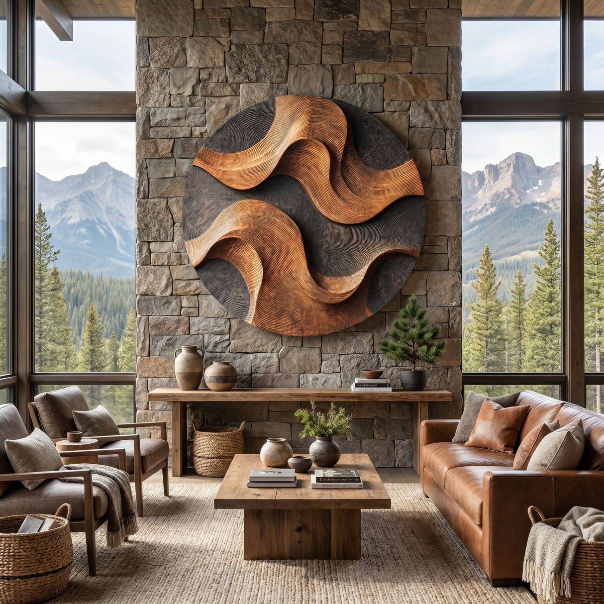 Handcrafted Wood Wall Sculpture with Woven Wave Relief and Charcoal Contrast