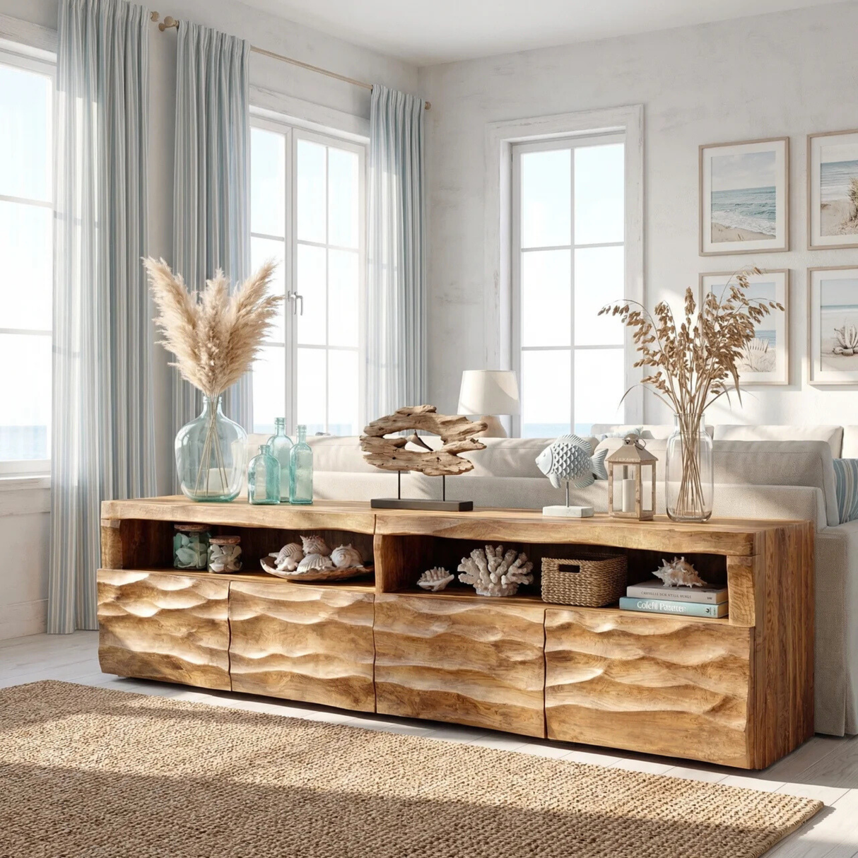 Sculptural Solid Wood TV Cabinet with Hand-Carved Wave Front