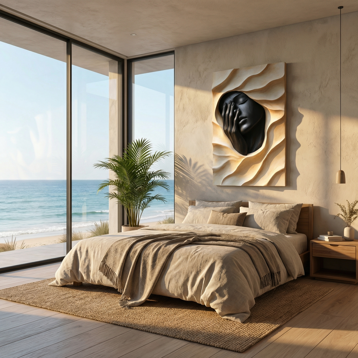Handcrafted Solid Wood Wall Art Panel with Abstract Portrait Relief