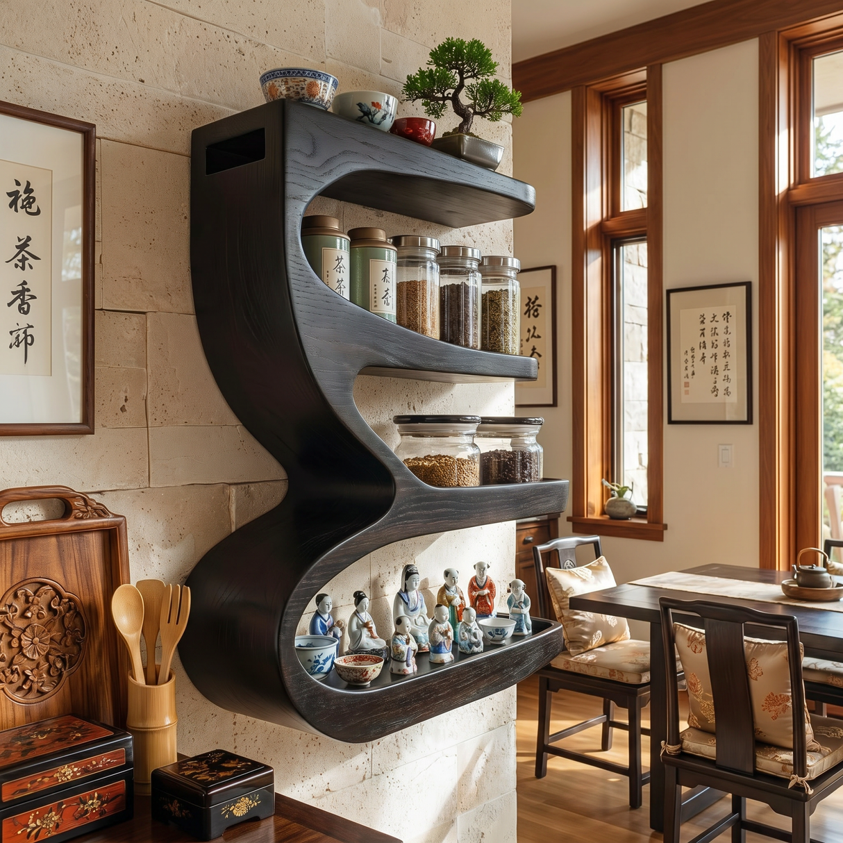 Solid Wood S Curve Wall Spice Rack with Three Open Kitchen Shelves